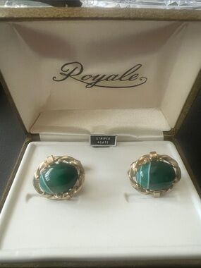 Green Striped Agate Gold-Tone Oval Earrings